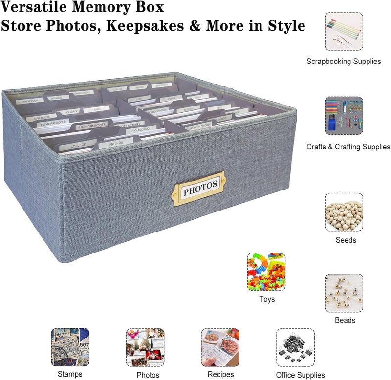 Sprsthai Linen Photo Storage Box – Holds 1700 Photos, 24 Adjustable Dividers & 72 Labels Multi-Use Organizer for Photos, Envelopes, Recipes Beige - Image 3